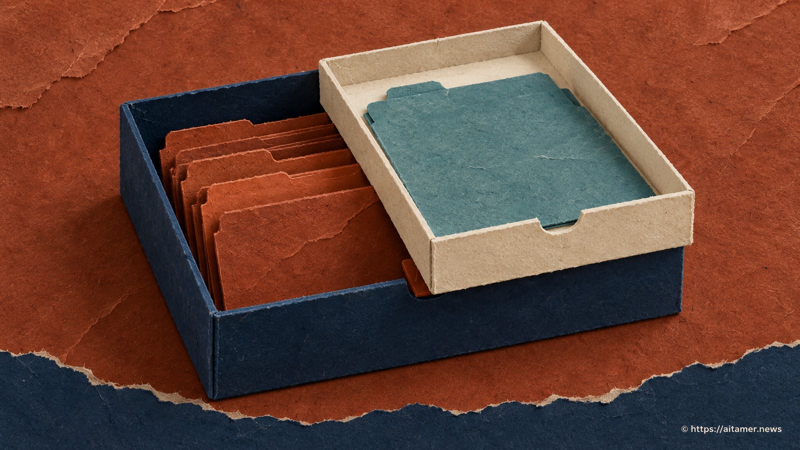 A cream tray containing teal files overlays rust files in a blue archive box, leaving a covered file corner visible.