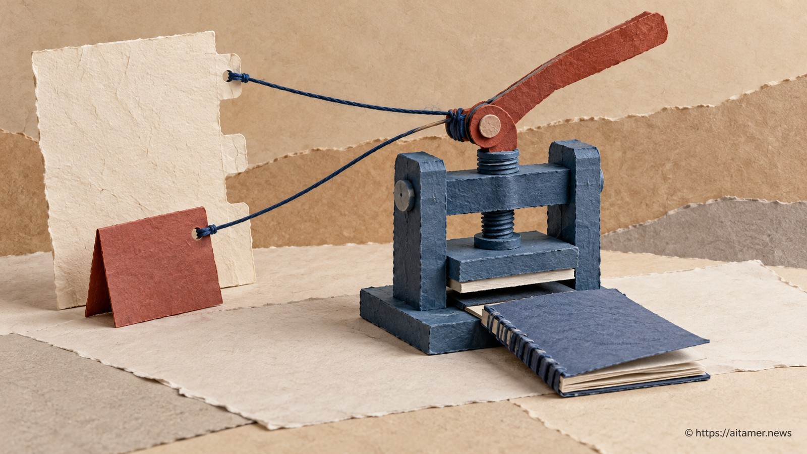 Cords connect a cream sheet and rust card to the lever of a blue paper binding press beside its output booklet.