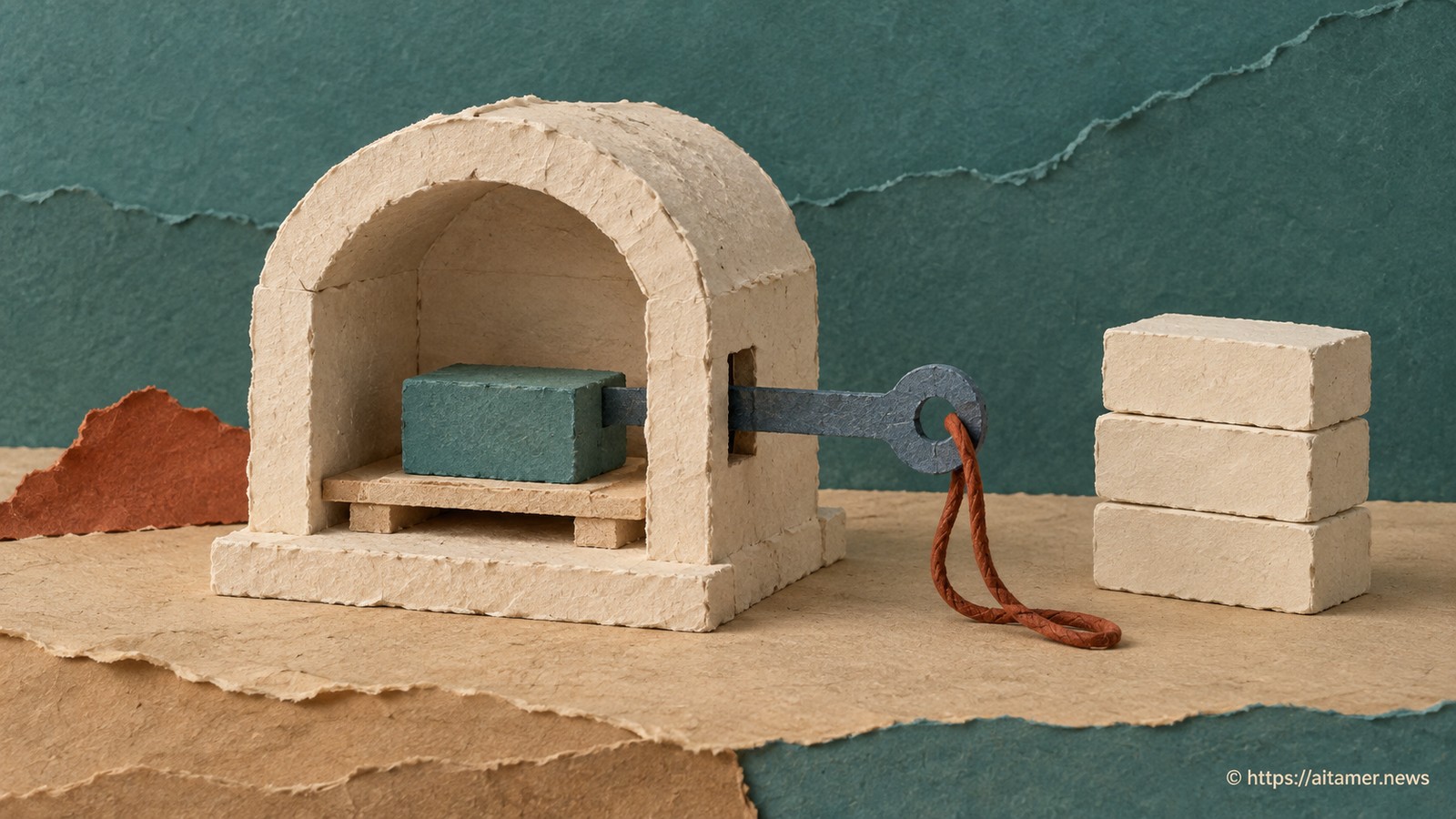A removable paper key reaches one workpiece inside a cream build chamber; finished image layers stand outside without it.