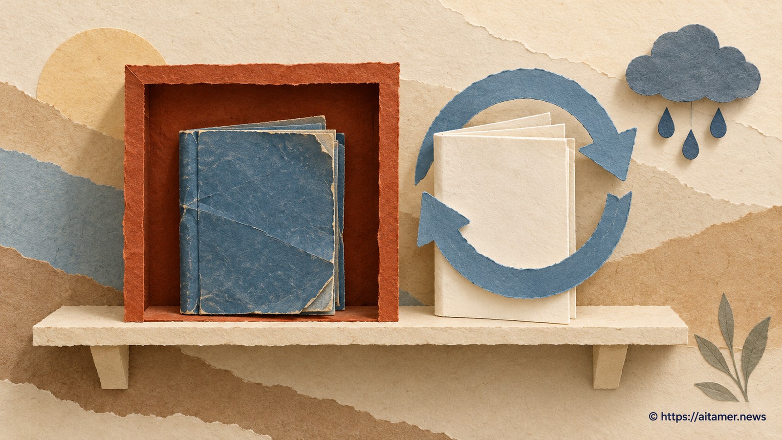 An older blue catalog stays inside a rust boundary while a fresh cream catalog refreshes beside a small rain cloud.