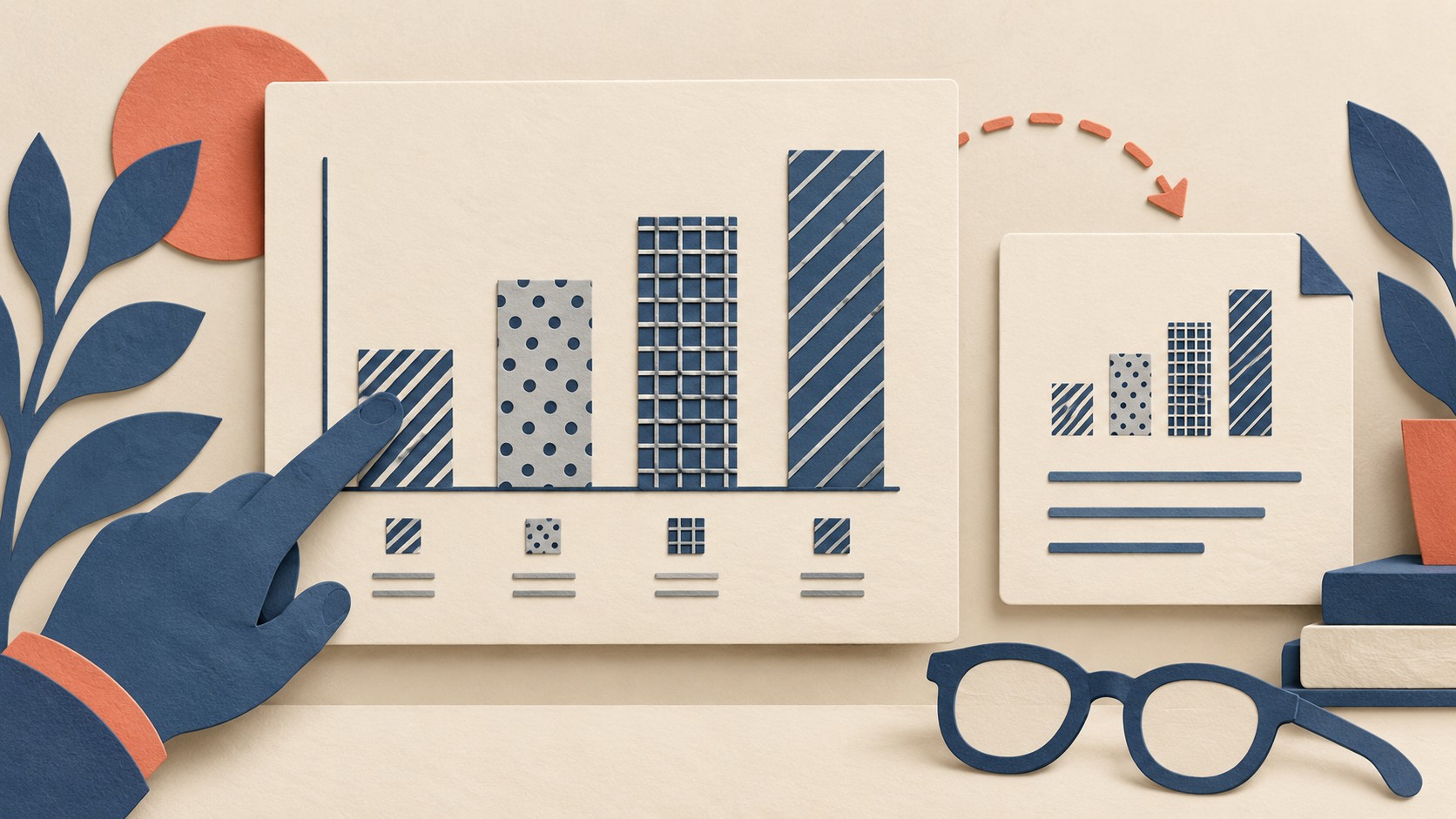 A hand points to a paper bar chart distinguished by stripes, dots and grids, beside a text card.