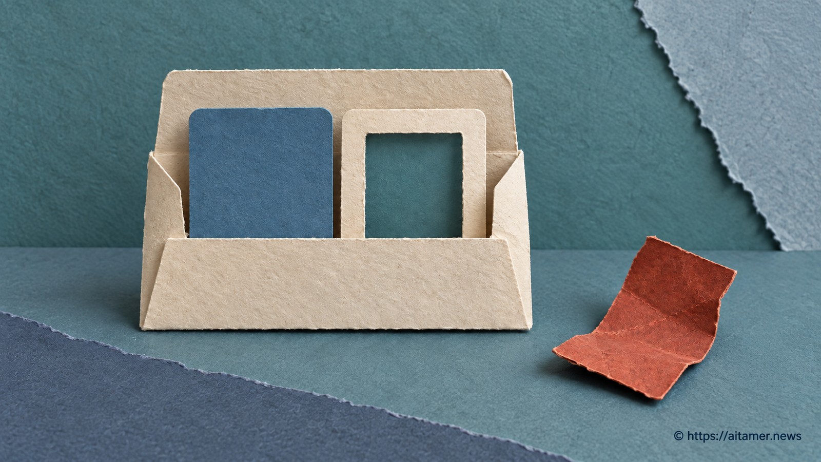 A cream inspection sleeve accepts a blue card and an empty frame, while a bent rust card remains outside.
