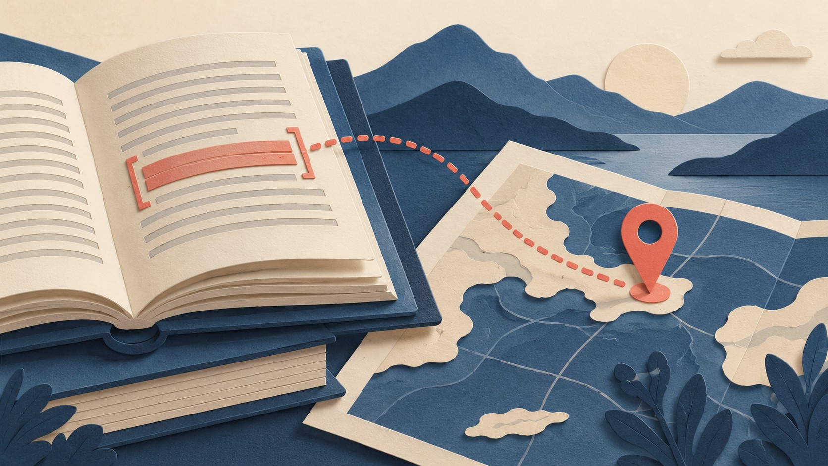 A highlighted passage in an open paper book connects by a coral dotted path to a map pin.