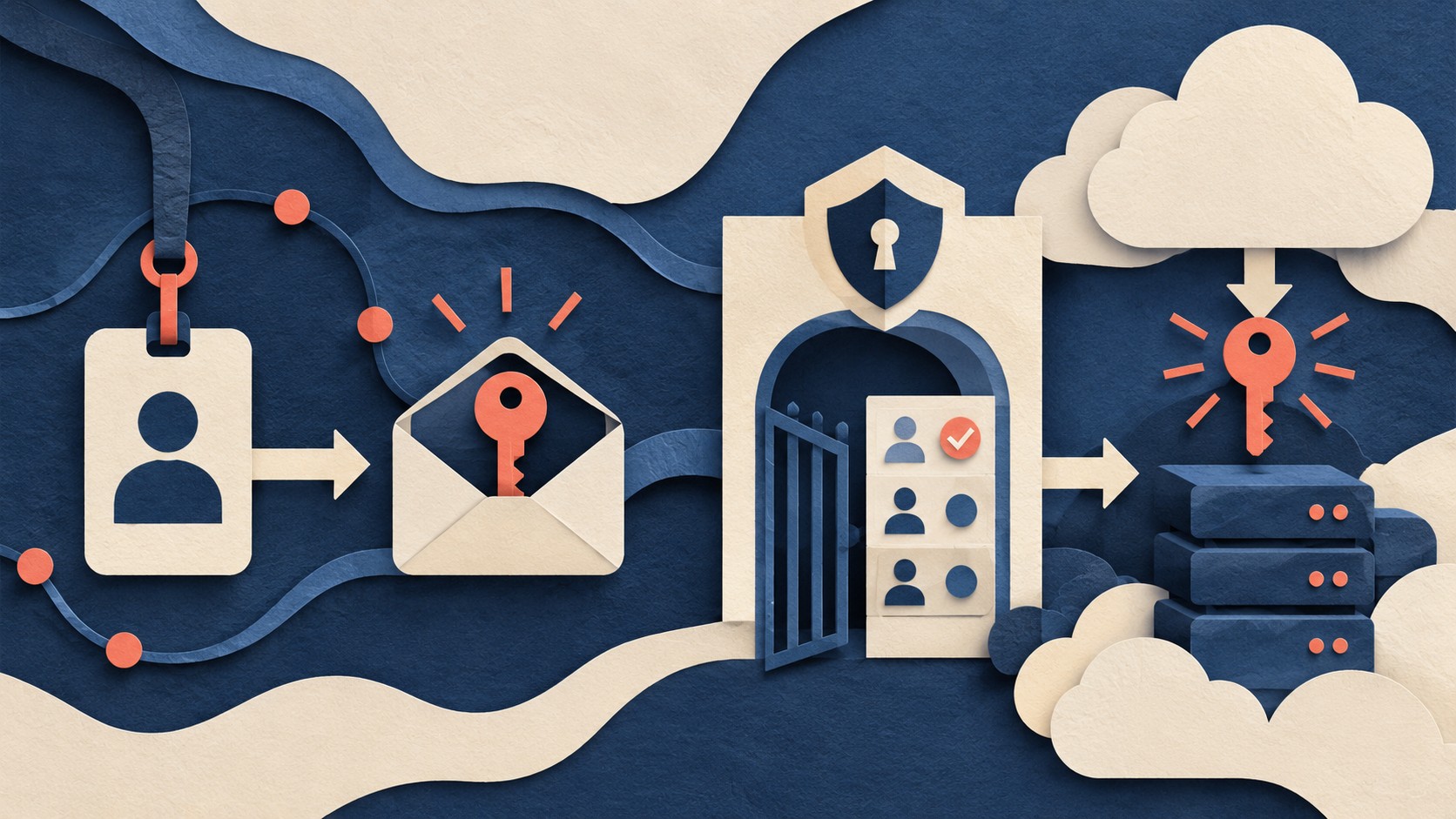 An identity badge passes through a guarded doorway and receives a short-lived key for cloud servers.