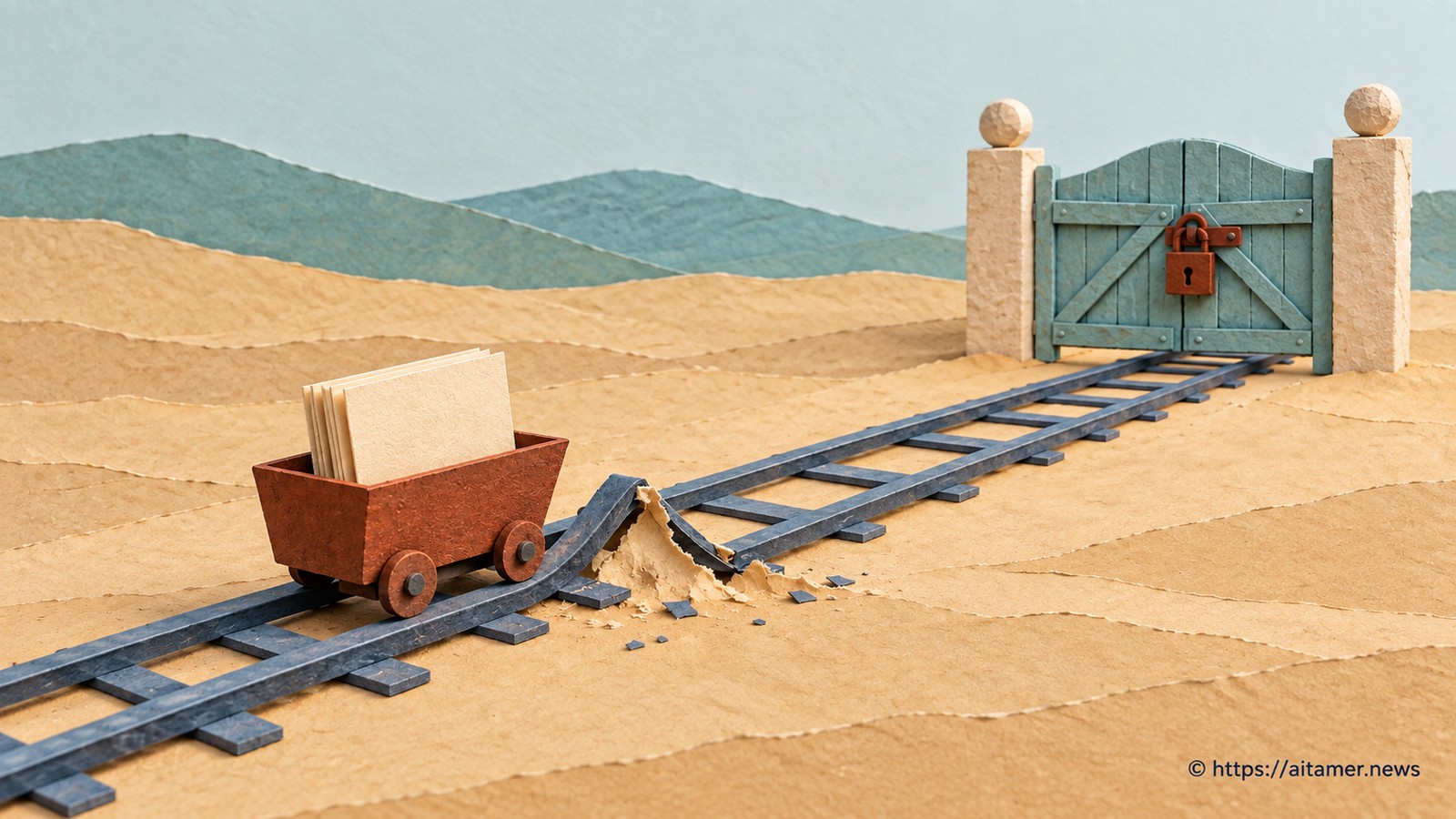 A booklet cart is stopped by a buckled paper rail before it reaches a still-locked gate.