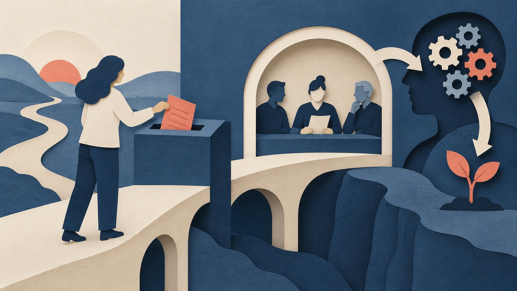 A person drops a coral complaint form into a box, with a path toward a review panel and a growing plant.