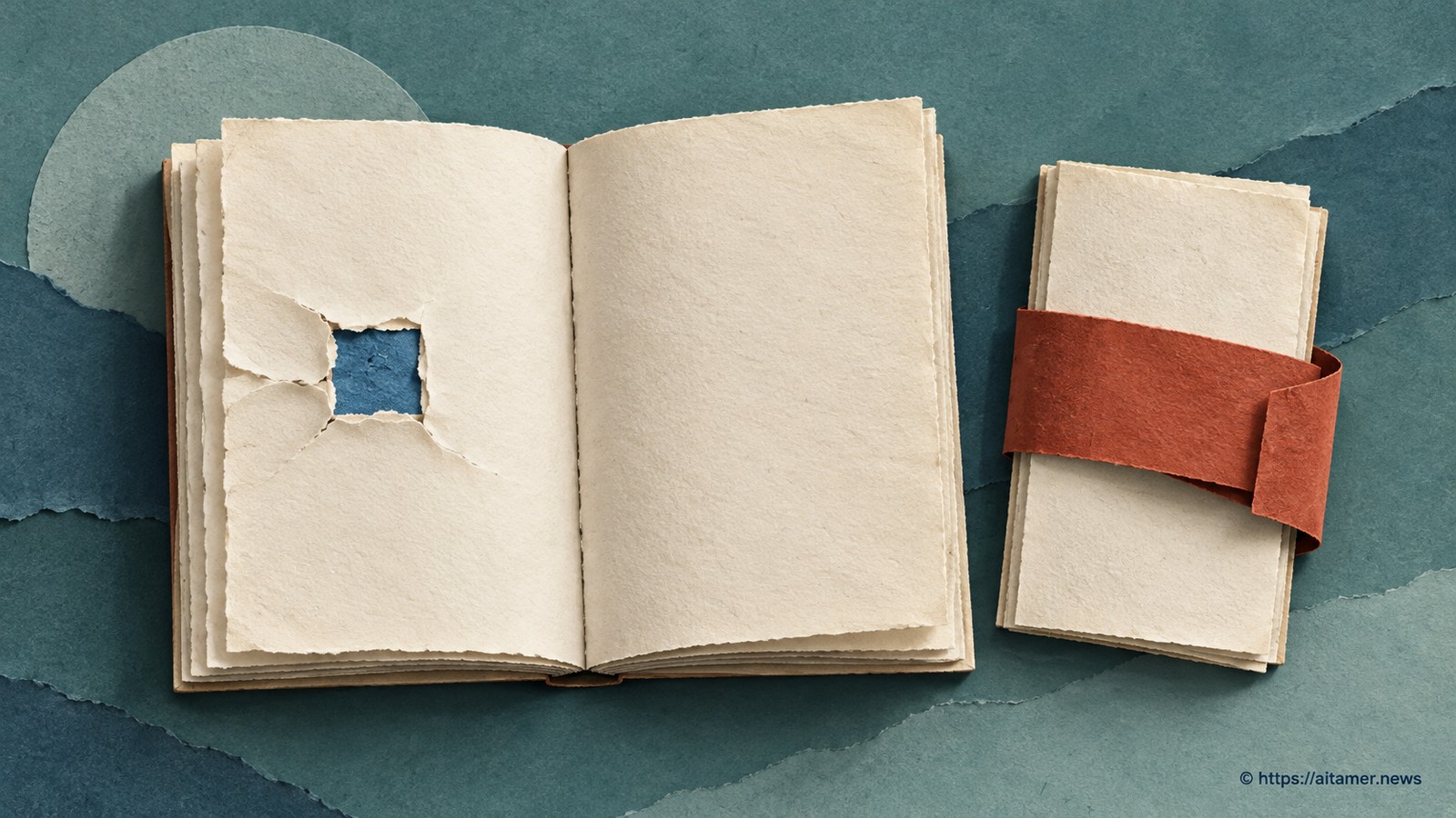 An open cream folio has one blue correction patch, while a separate intact folio wears a broad rust status band.