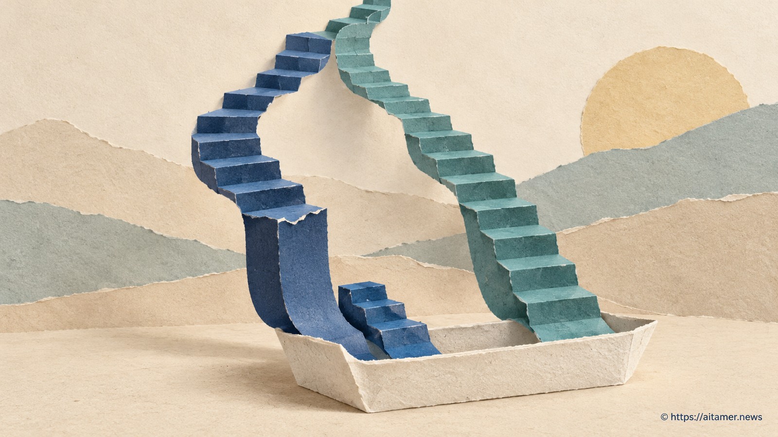 Two rising paper staircase ribbons remain separate, one restarting low beside a cream collecting trough.