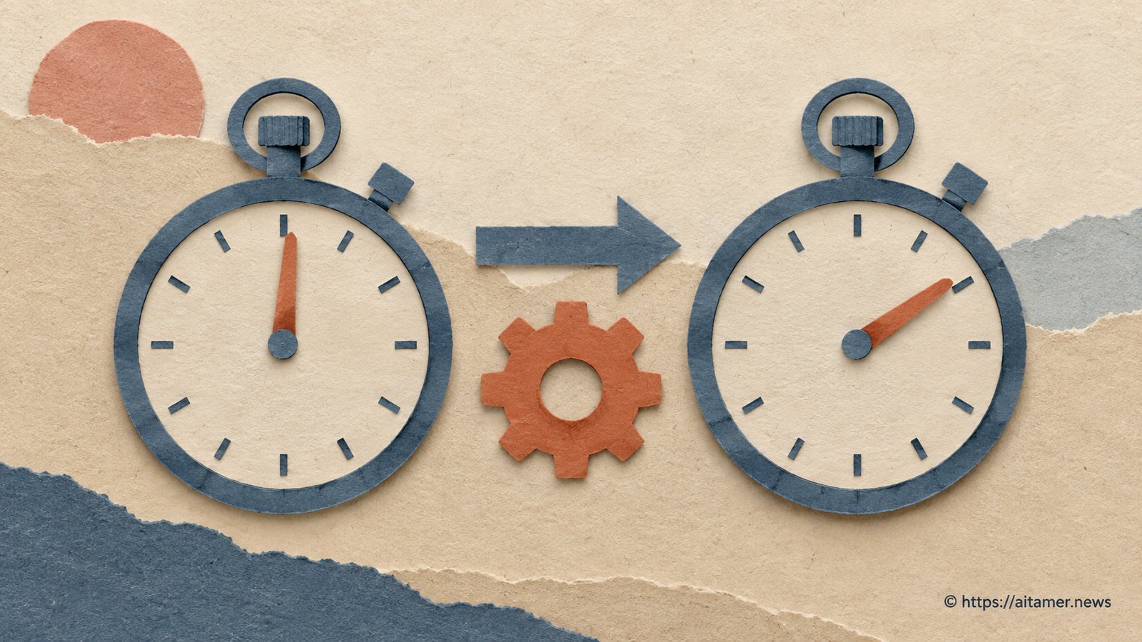 A paper-cut illustration shows two cream-colored stopwatches with advanced hands, linked by a small arrow and a gear, on a muted blue background.