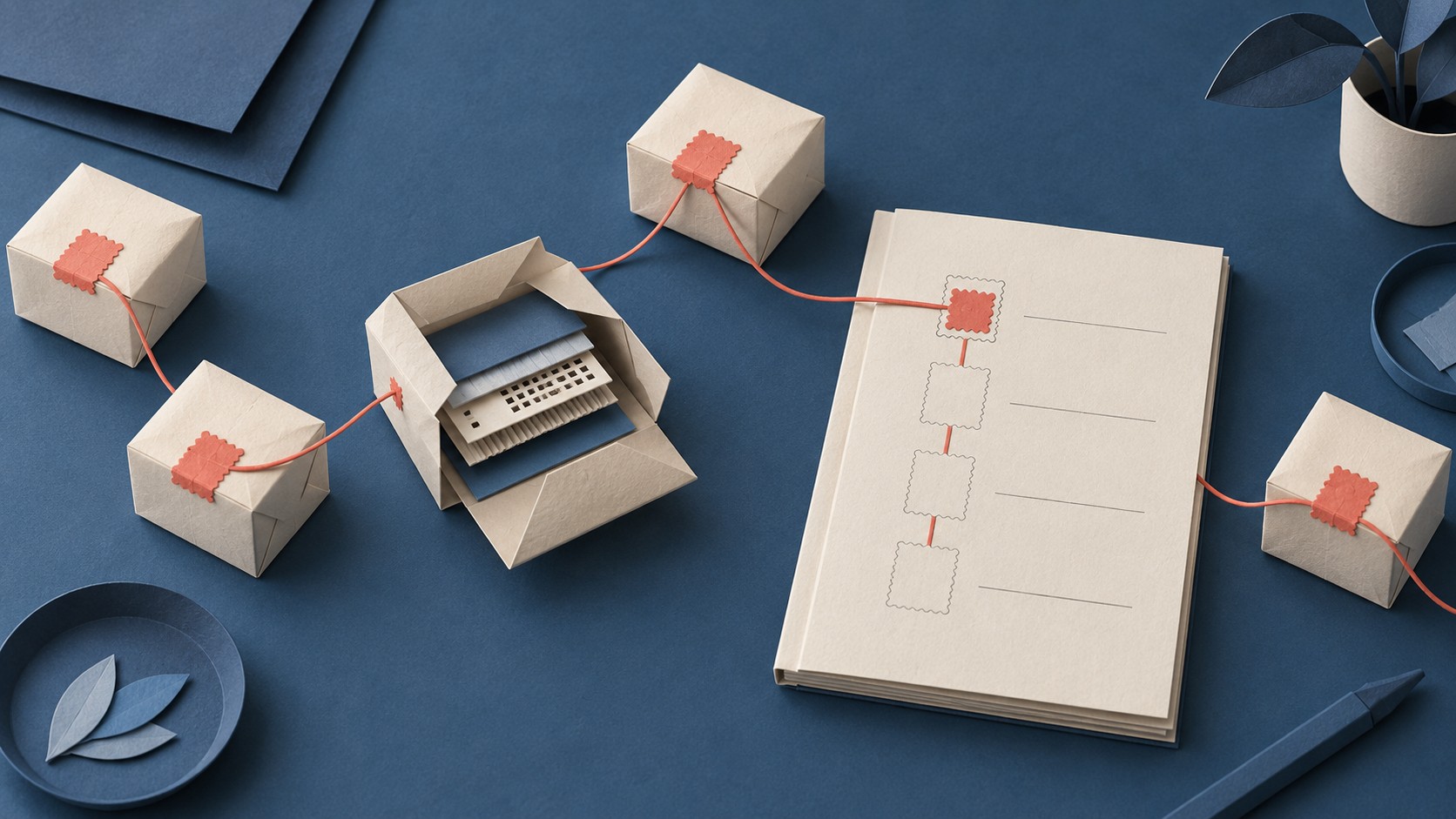 Cream paper parcels connect by a coral thread to audit seals on a blank ledger atop a blue worktable.