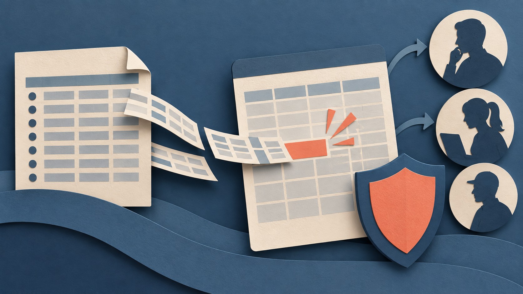 Rows leave a paper data sheet and enter a spreadsheet beside a shield and three reader silhouettes.