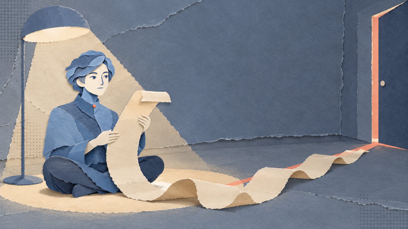 A paper-cut collage of Mai, a calm figure in layered blue paper with a coral collar pin, sitting cross-legged in the pool of light from a tall lamp in a bare slate-blue room, reading a long cream scroll that unrolls across the floor toward a door left ajar with a thin line of coral light.