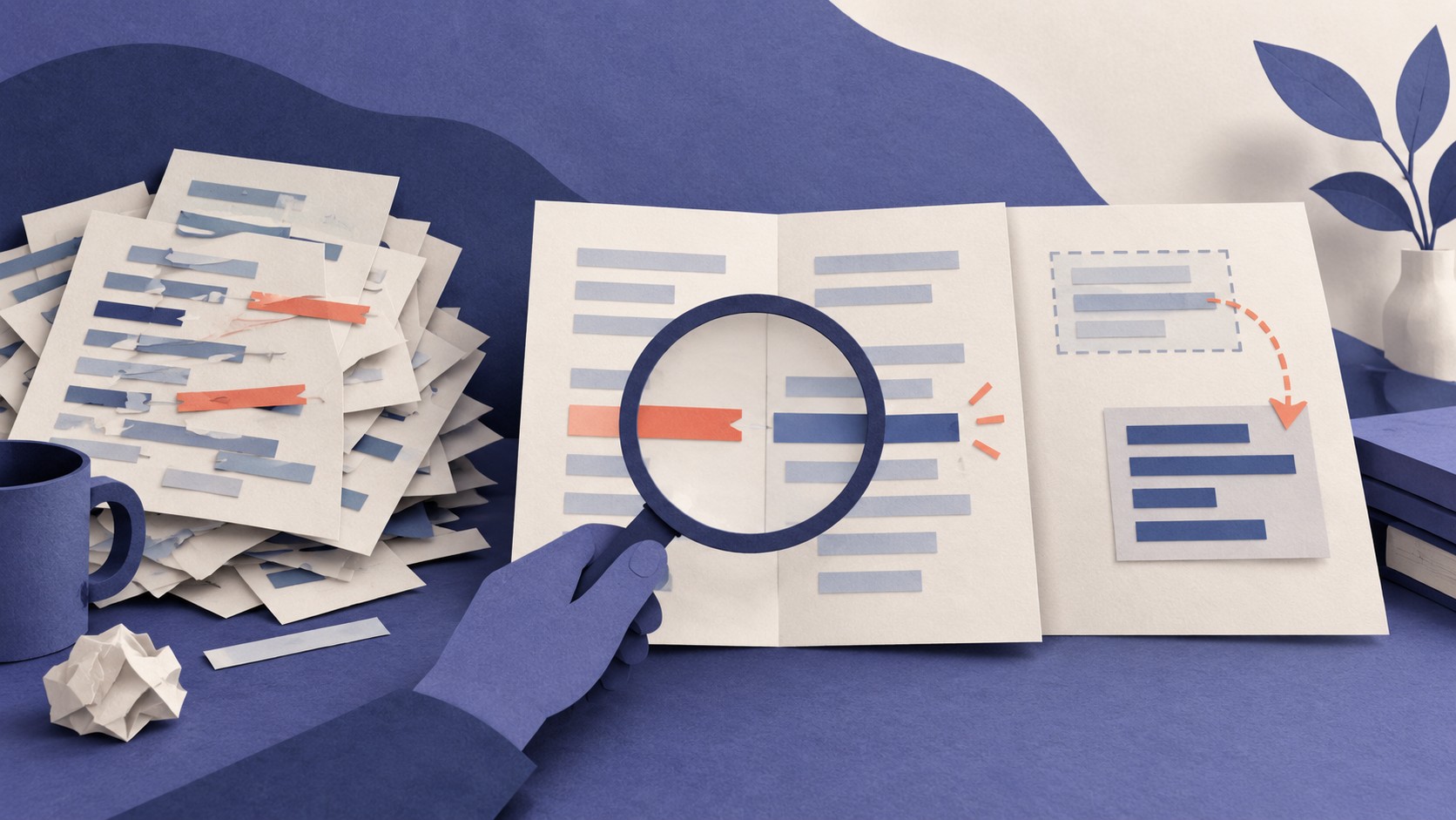A magnifying glass focuses on changed coral and indigo lines in an open paper document.