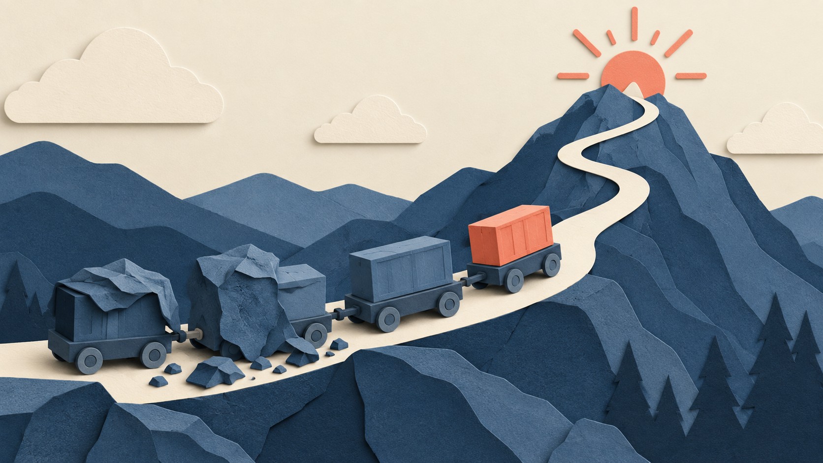 A damaged wagon blocks one part of a mountain route while two loaded wagons remain behind it.
