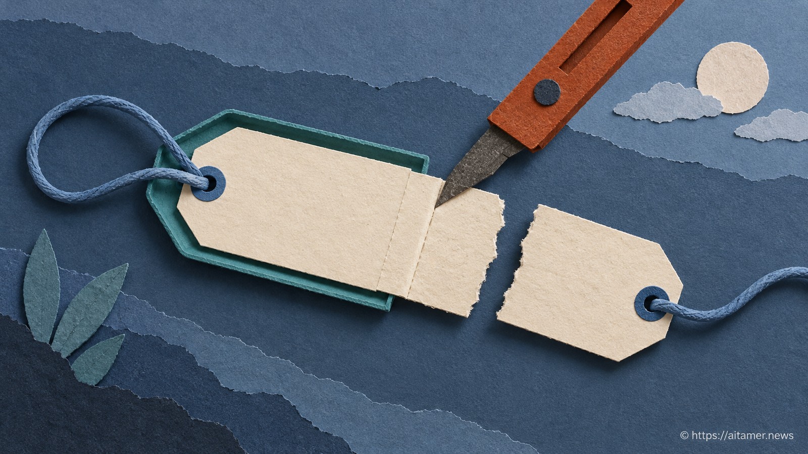 A rust paper cutter divides a cream filename tag along an internal seam above a teal protective border.