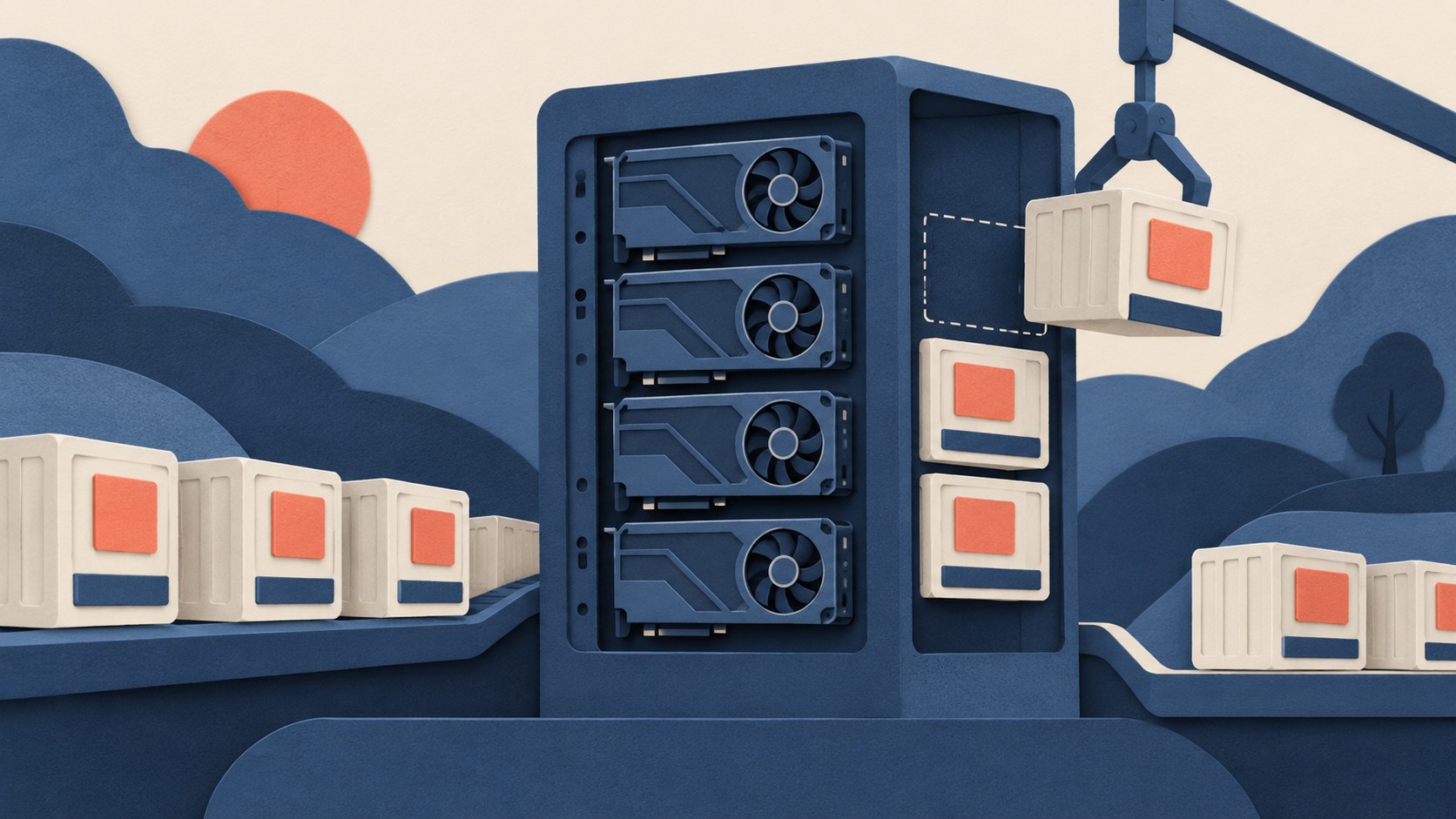 A crane places whole square units beside four GPU cards in a server rack.