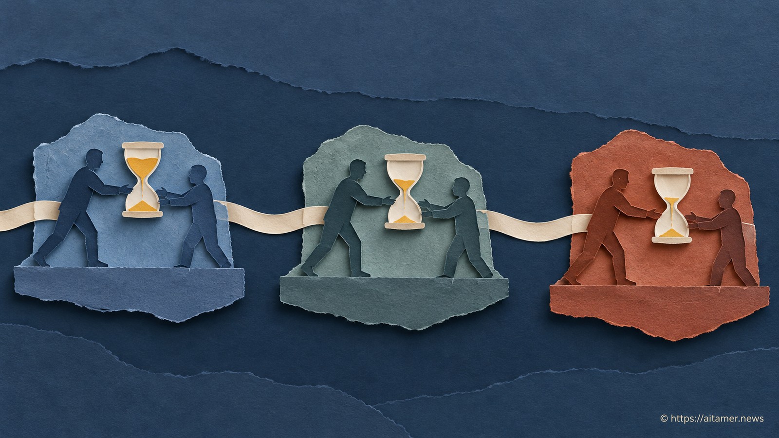 Three paper relay scenes pass an hourglass along one ribbon, with progressively less sand remaining in its upper chamber.