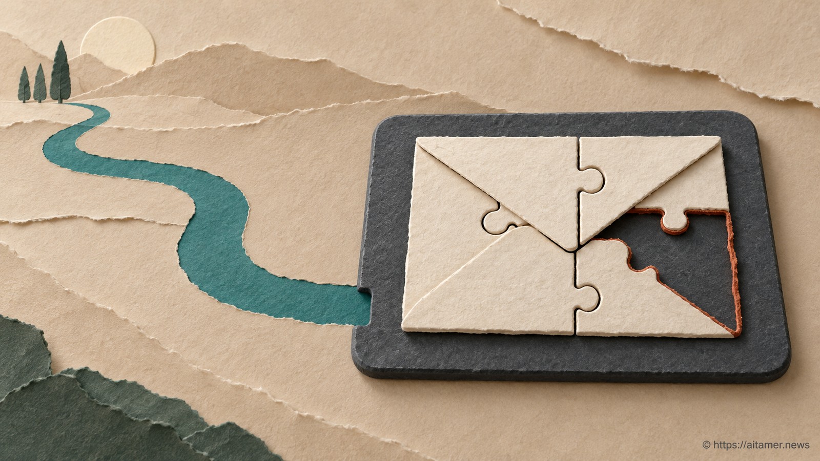 An envelope assembled from paper puzzle panels remains incomplete because one rust-edged fragment is missing.