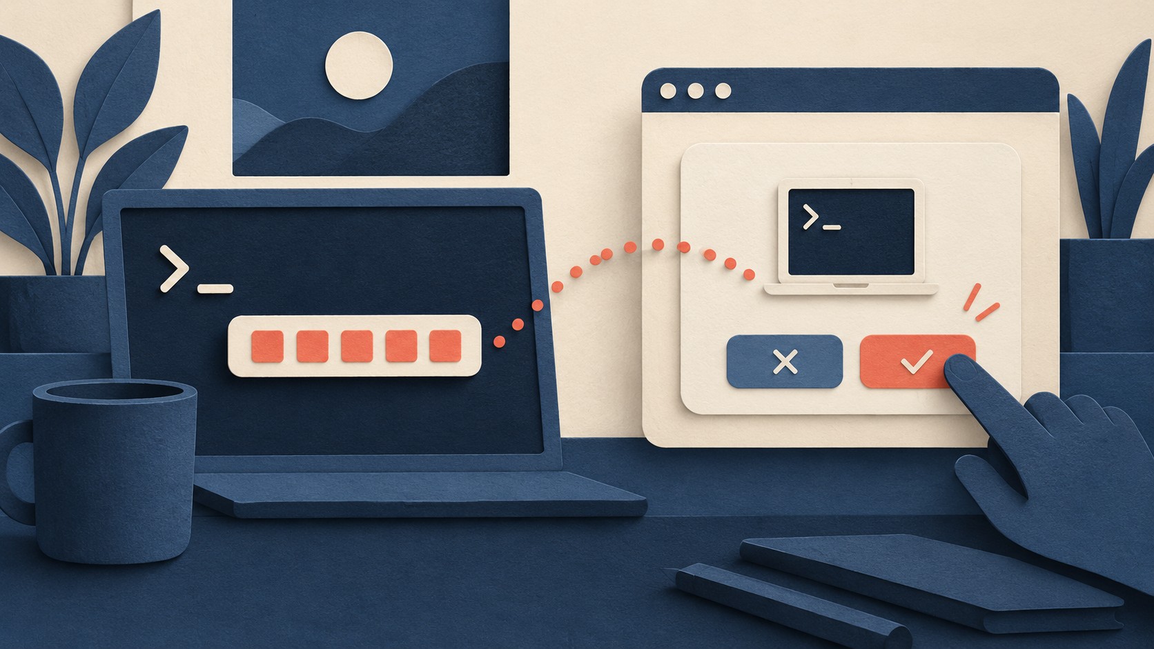 A row of coral code blocks travels from one laptop to a second sign-in window.