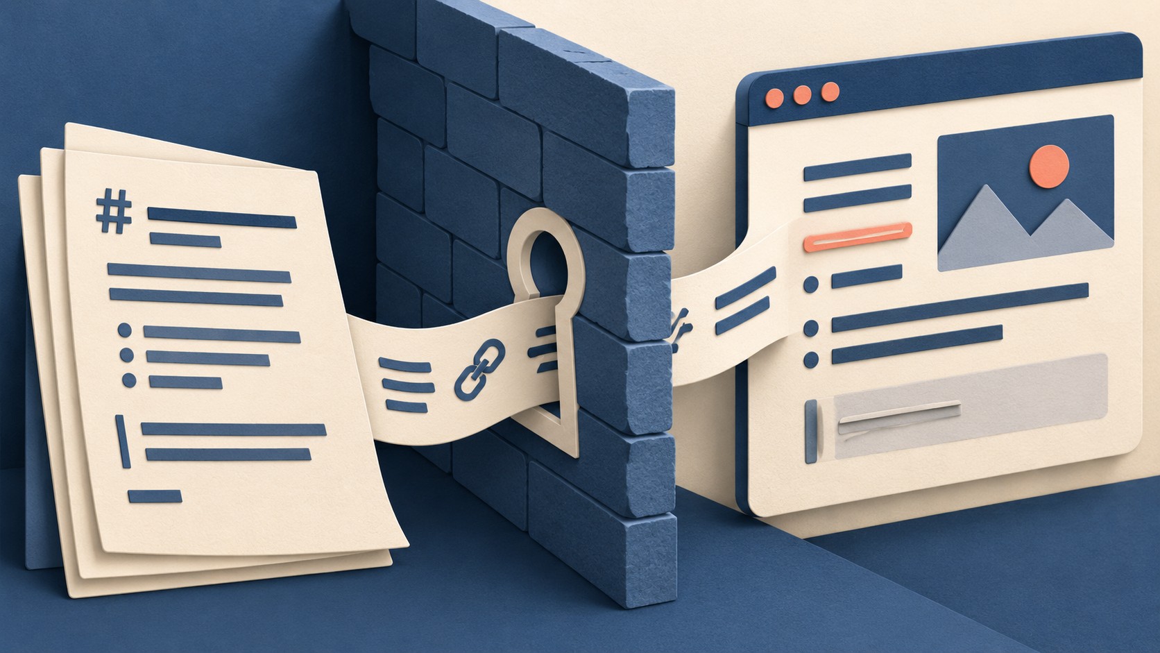 Paper answer lines pass through a keyhole in a wall toward a browser page.