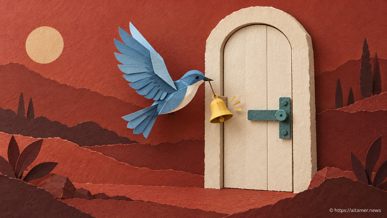 A completed blue paper bird rings its yellow readiness bell beside a cream door and teal latch.