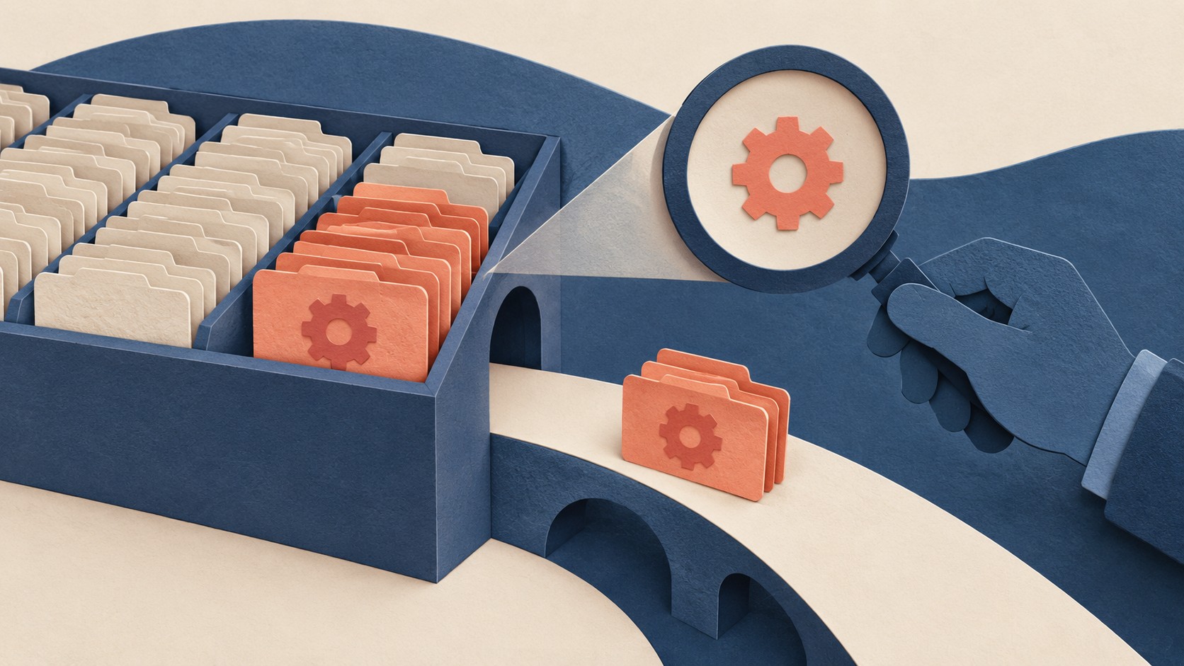 A magnifying glass selects coral folders with gear symbols from a larger file cabinet.