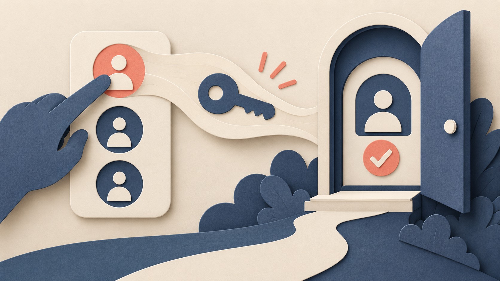 A hand selects an account icon as a key leads toward an unlocked account doorway.