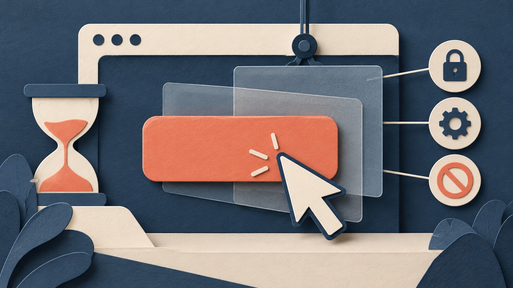 A pointer approaches a button beneath transparent layers, with a lock, gear and blocked sign beside it.
