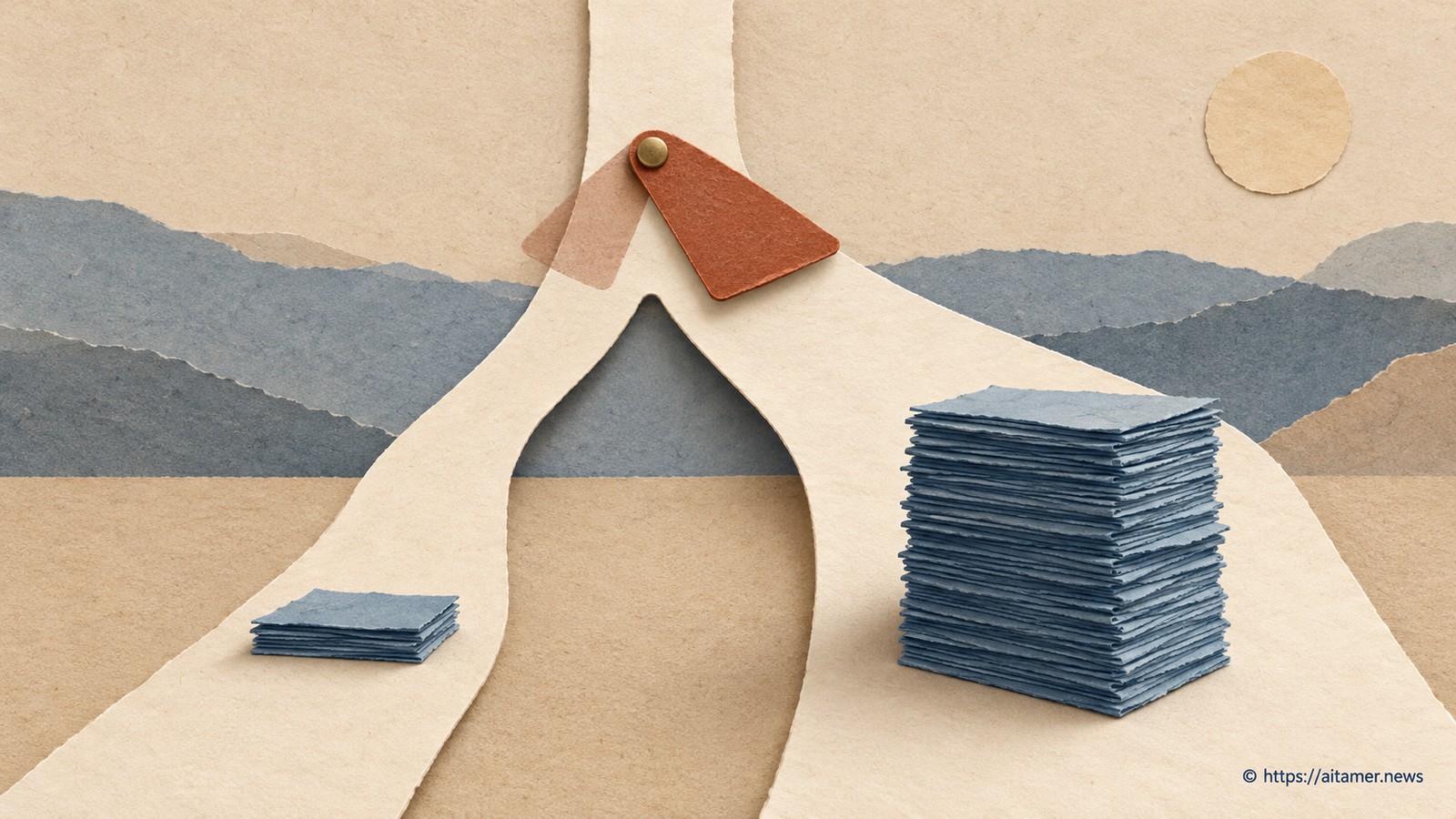 A hinged rust flap sits at a branching cream route, with small and large blue paper stacks facing different passages.