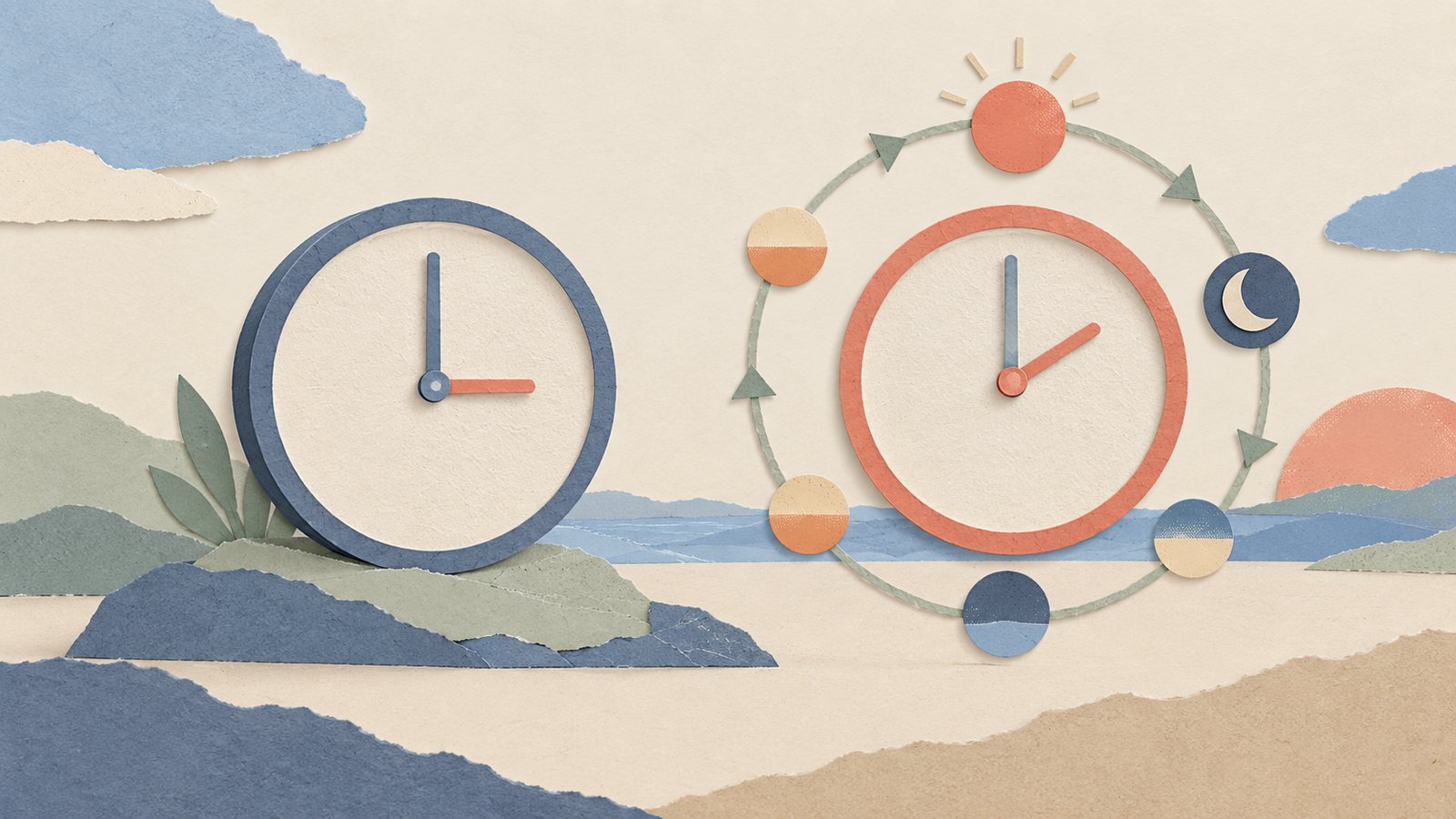 Two paper-cut clocks hold a steady moment and a repeating rhythm, joined by a looping paper thread in a calm editorial collage.