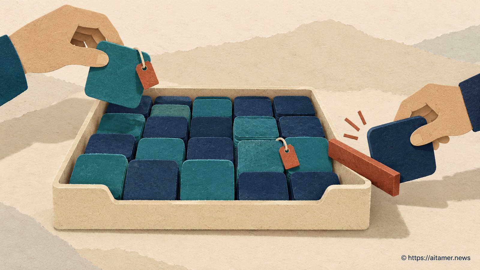 A full paper tray has a tabbed teal tile lifted out while an untagged navy tile meets a closed rust crossbar.