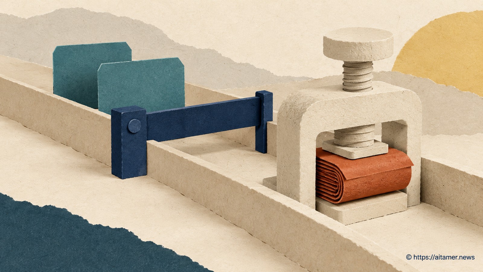 A cream clamp holds a rust paper bundle together while teal work cards wait behind a navy barrier.