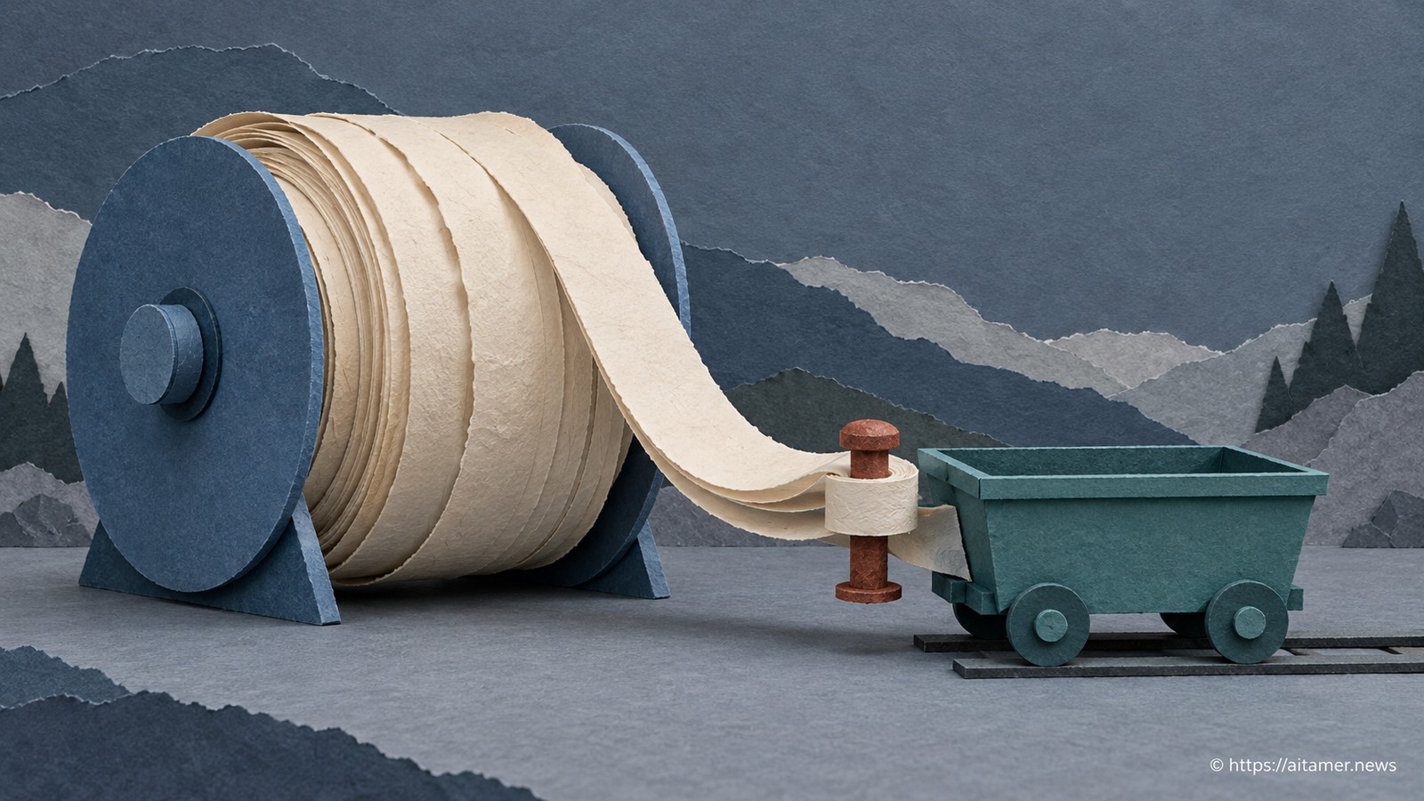 An idle teal paper cart pins an old ledger segment while a blue spool retains a growing cream roll.