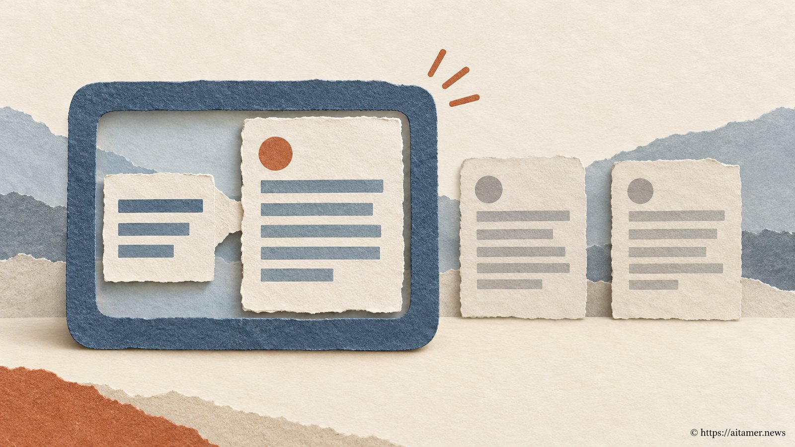 A slate-blue frame pairs a query slip with one document, lifting it above a small shortlist of paper records.