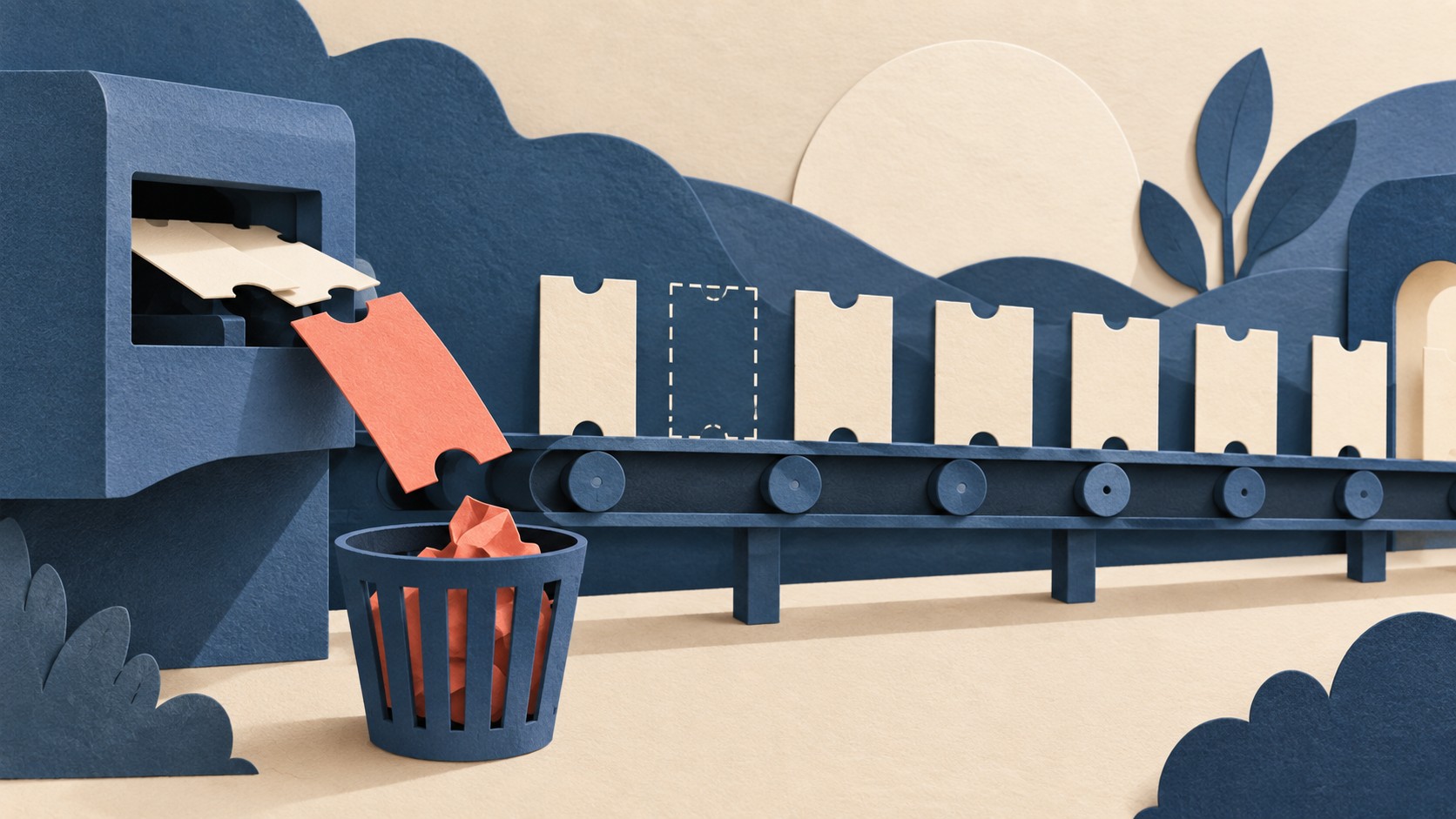 A coral ticket is discarded from a numbered sequence, leaving an empty place on the conveyor.