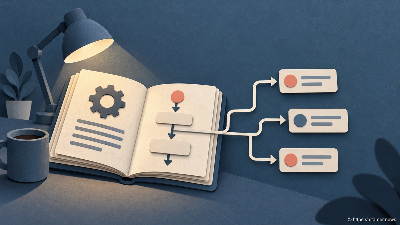 An open paper handbook under a desk lamp shows a flowchart branching into three task cards.