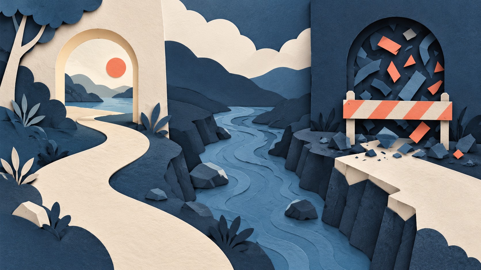 A clear path passes through an arch while a second path of broken symbols ends behind a striped barrier.