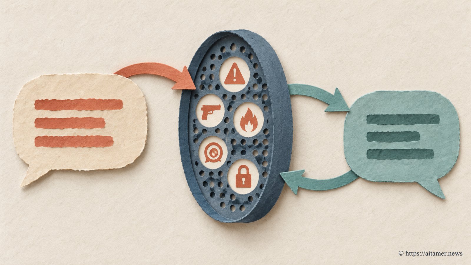 A cream prompt and muted teal reply pass through a slate blue paper classifier gate.