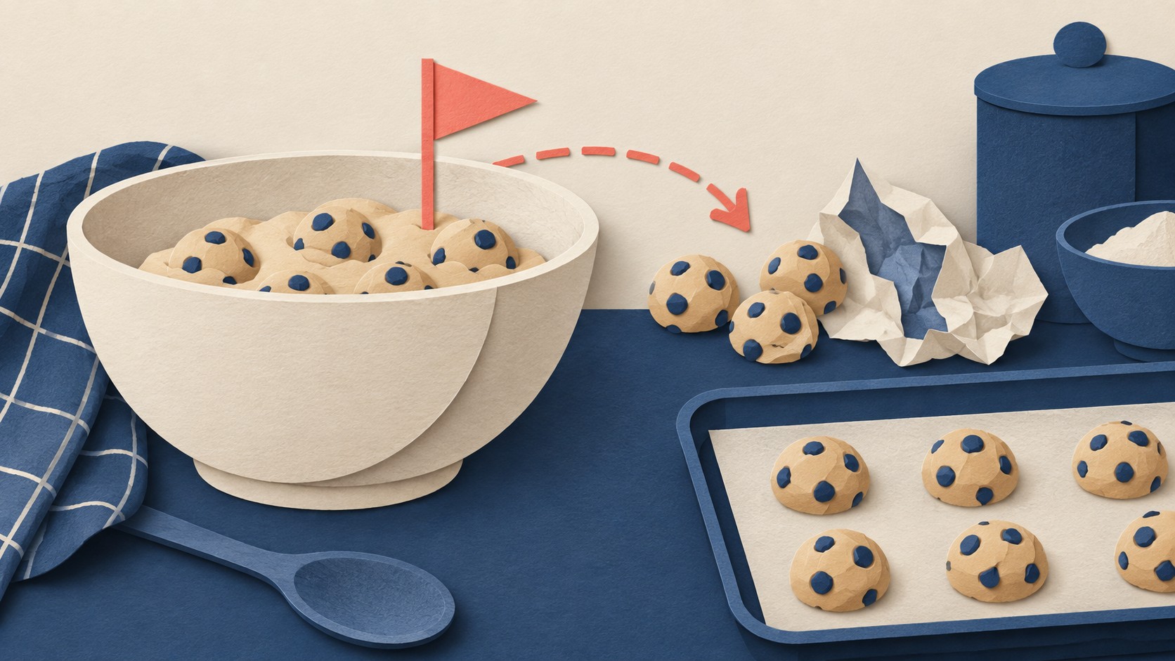 A flag marks a bowl of cookie portions as several later pieces are set aside beside a baking tray.