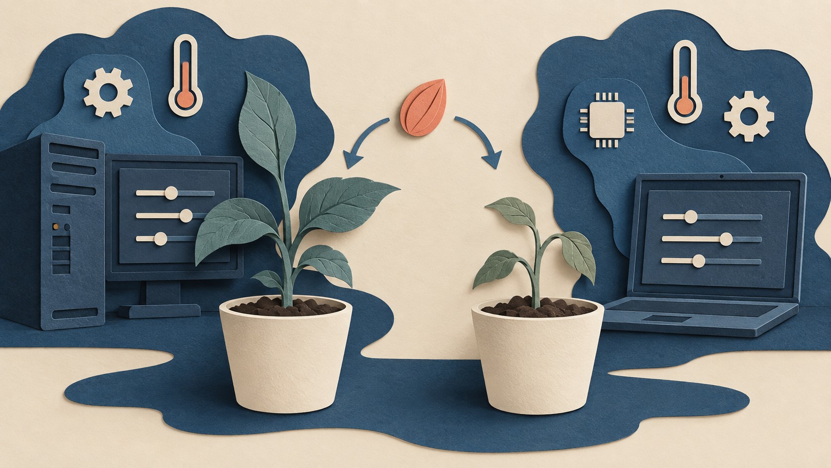 Two plants grow differently beside computers with different settings, despite a shared seed symbol.