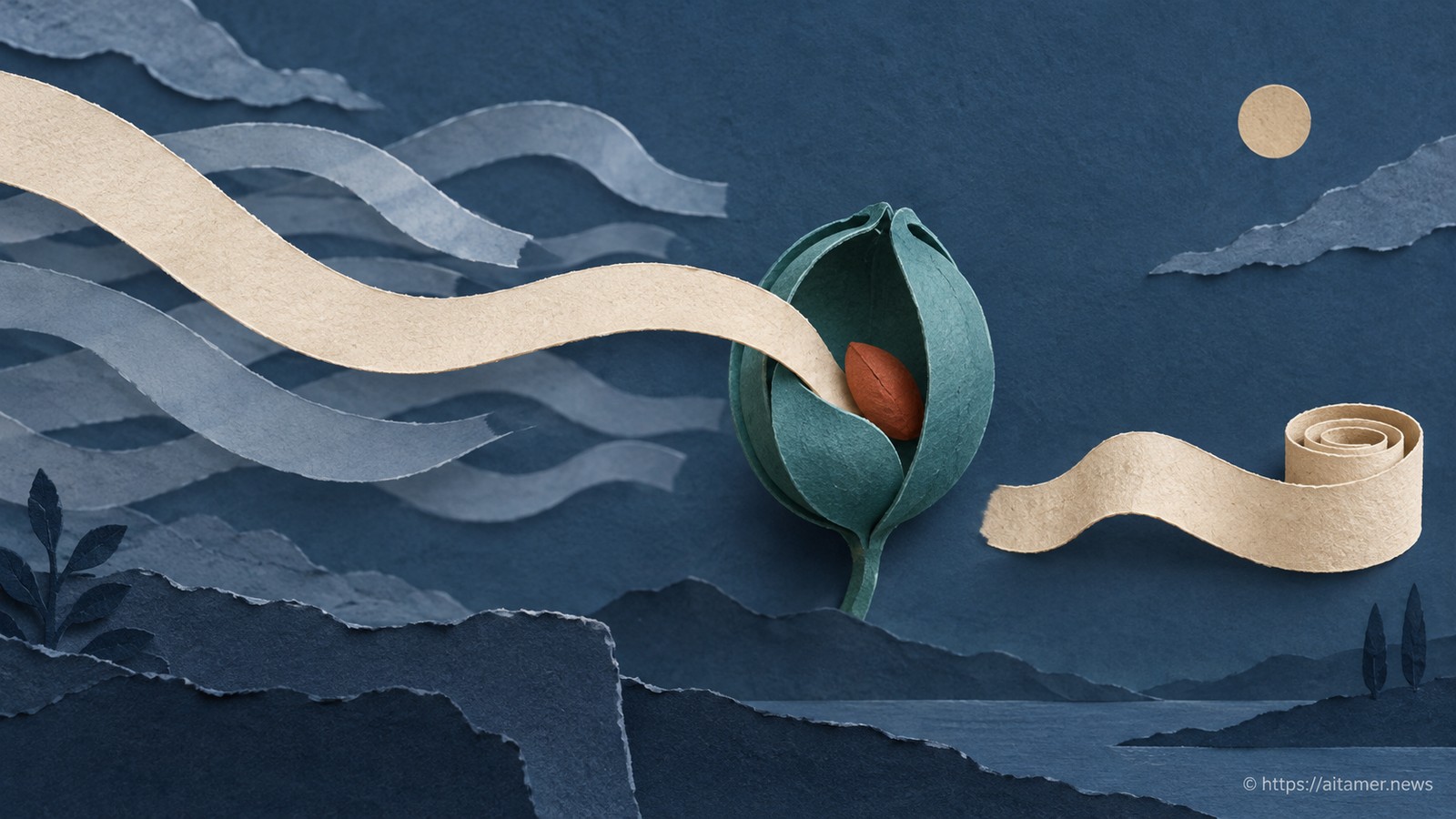 A teal paper seed capsule retains a rust seed from a long cream ribbon, beside a separate rolled paper history.