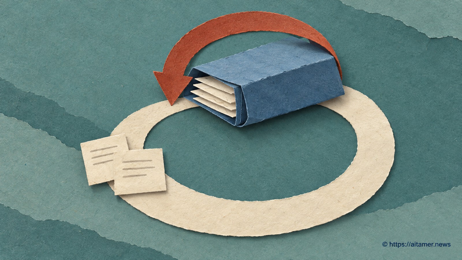 A rust return arrow loops a blue decision packet back toward two observation cards on a cream circular paper track.