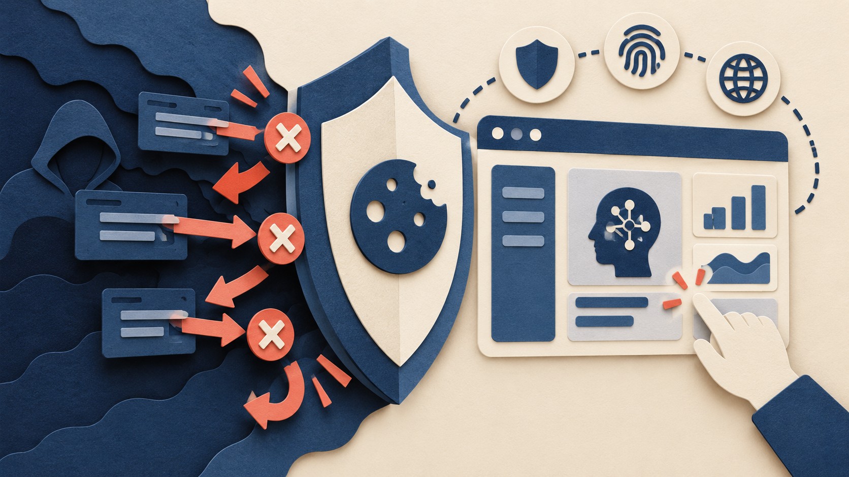 A cookie-marked shield separates incoming requests from a browser page where a hand is about to click.