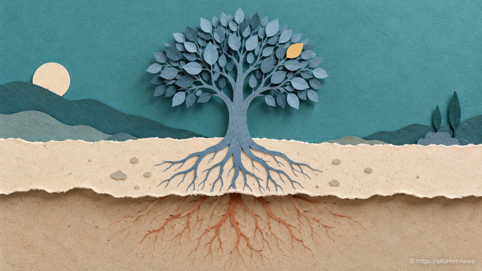 A healthy blue paper tree has visible roots truncated at a soil fold, with deeper rust ancestry beneath.