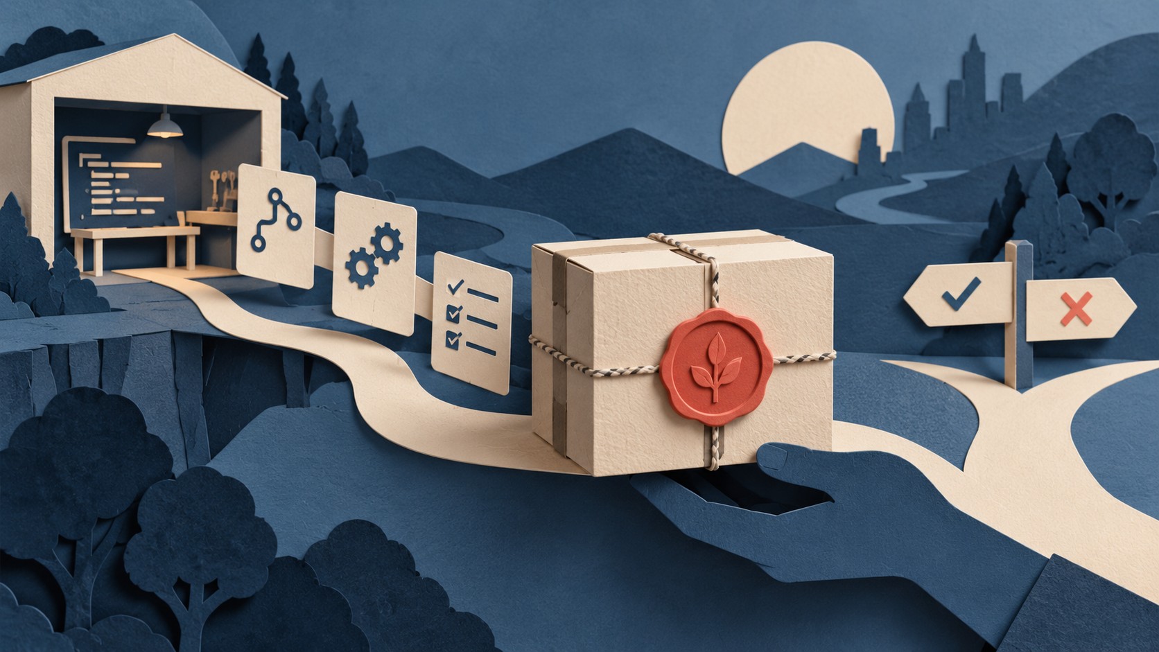 A sealed paper parcel follows a thread through checked and crossed paths on a blue worktable.