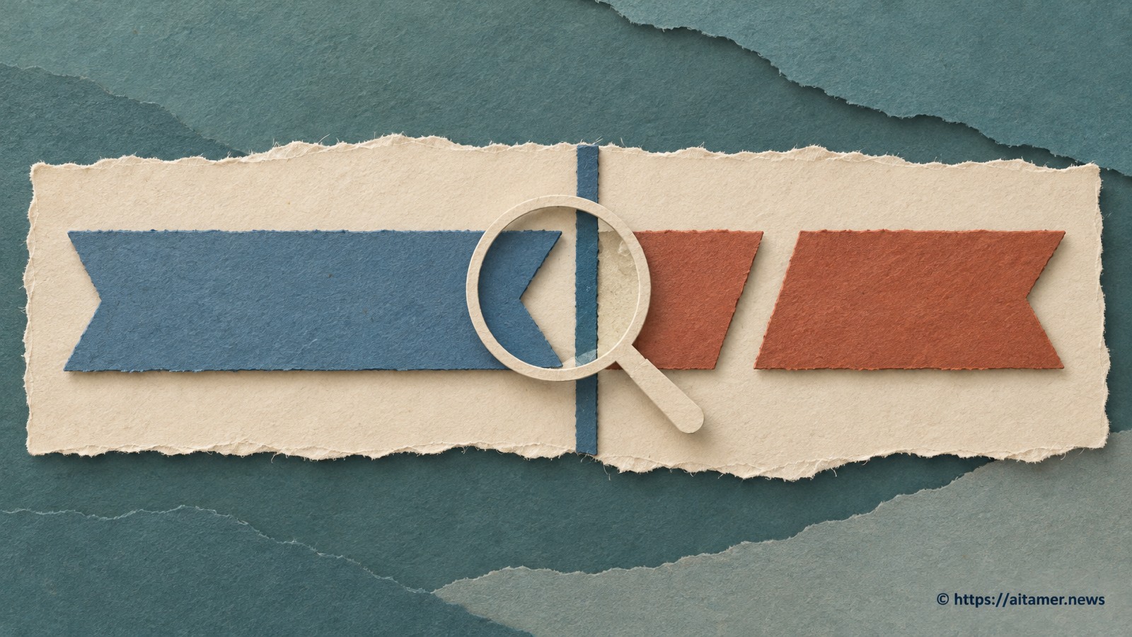 A blue identifier ribbon stays whole while rust matching pieces are separated at a cream paper routing boundary under a magnifier.