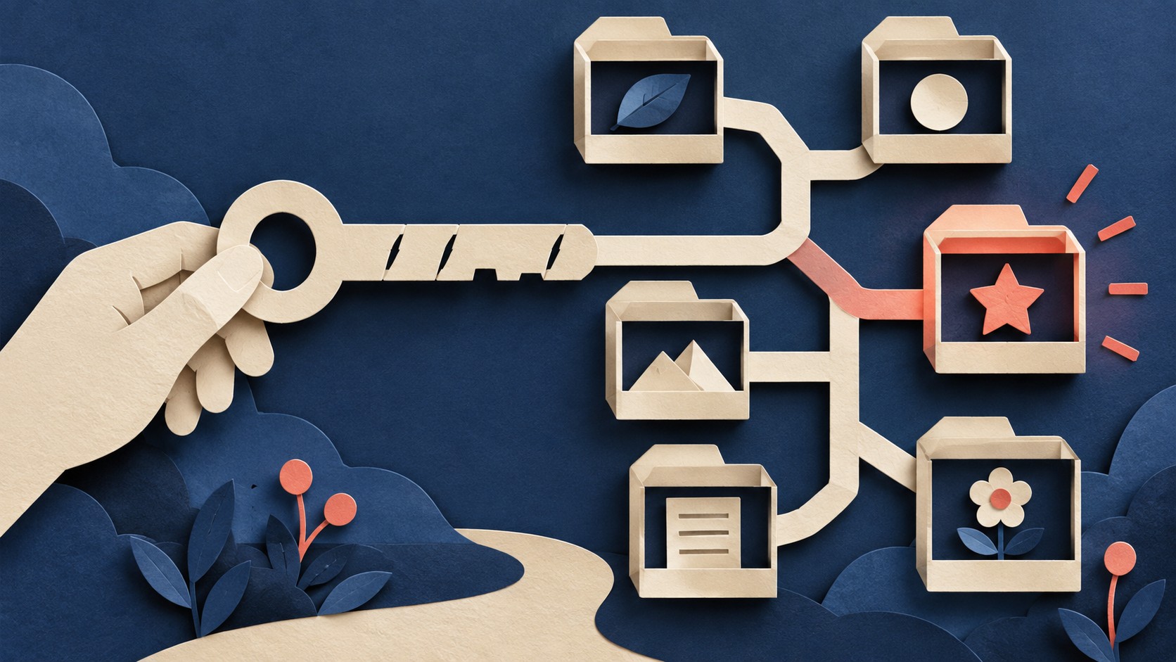 A hand holds one key with slash marks beside several branching boxes of different shapes.