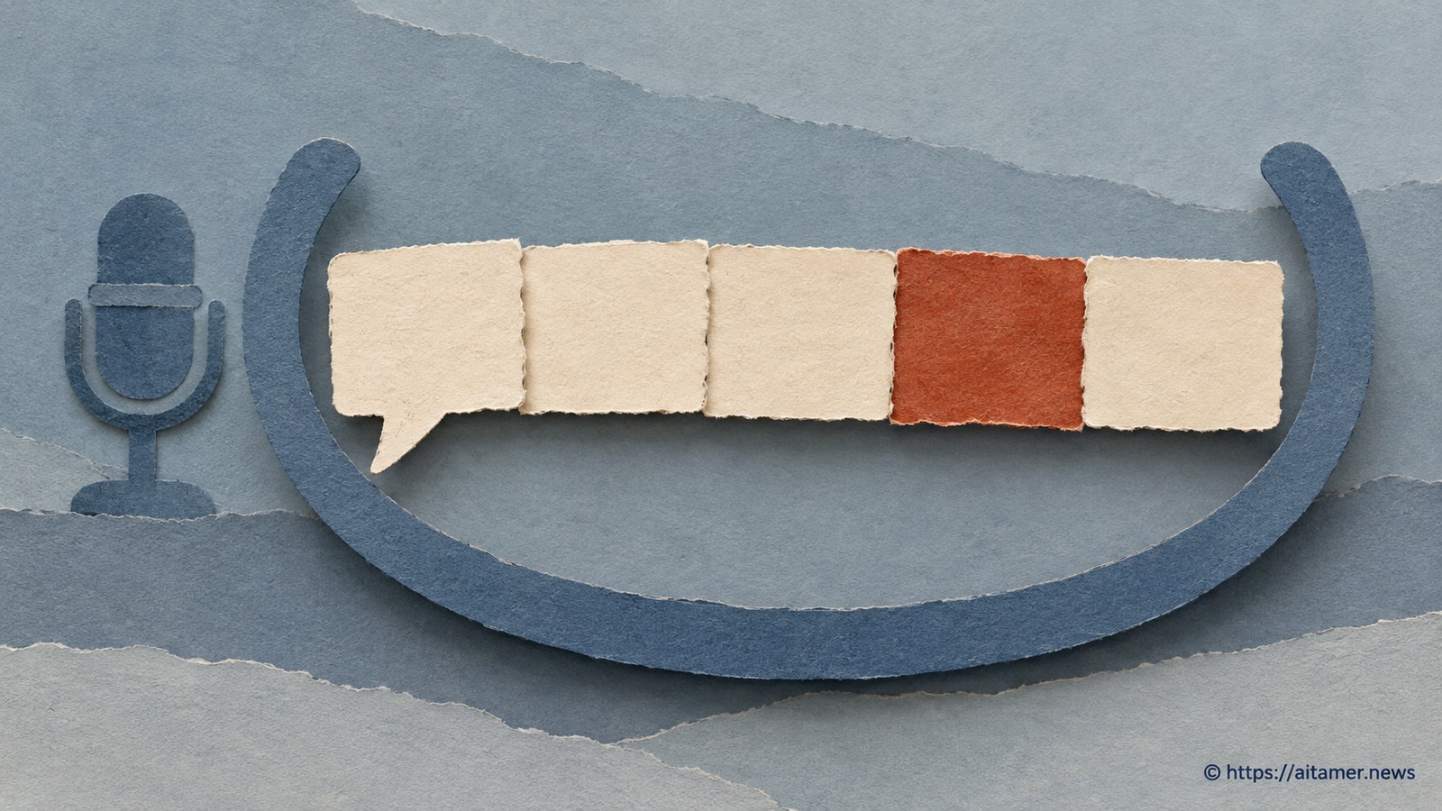A blue measuring arc cradles a five-tile speech ribbon containing one rust-colored tile, with a small microphone nearby.