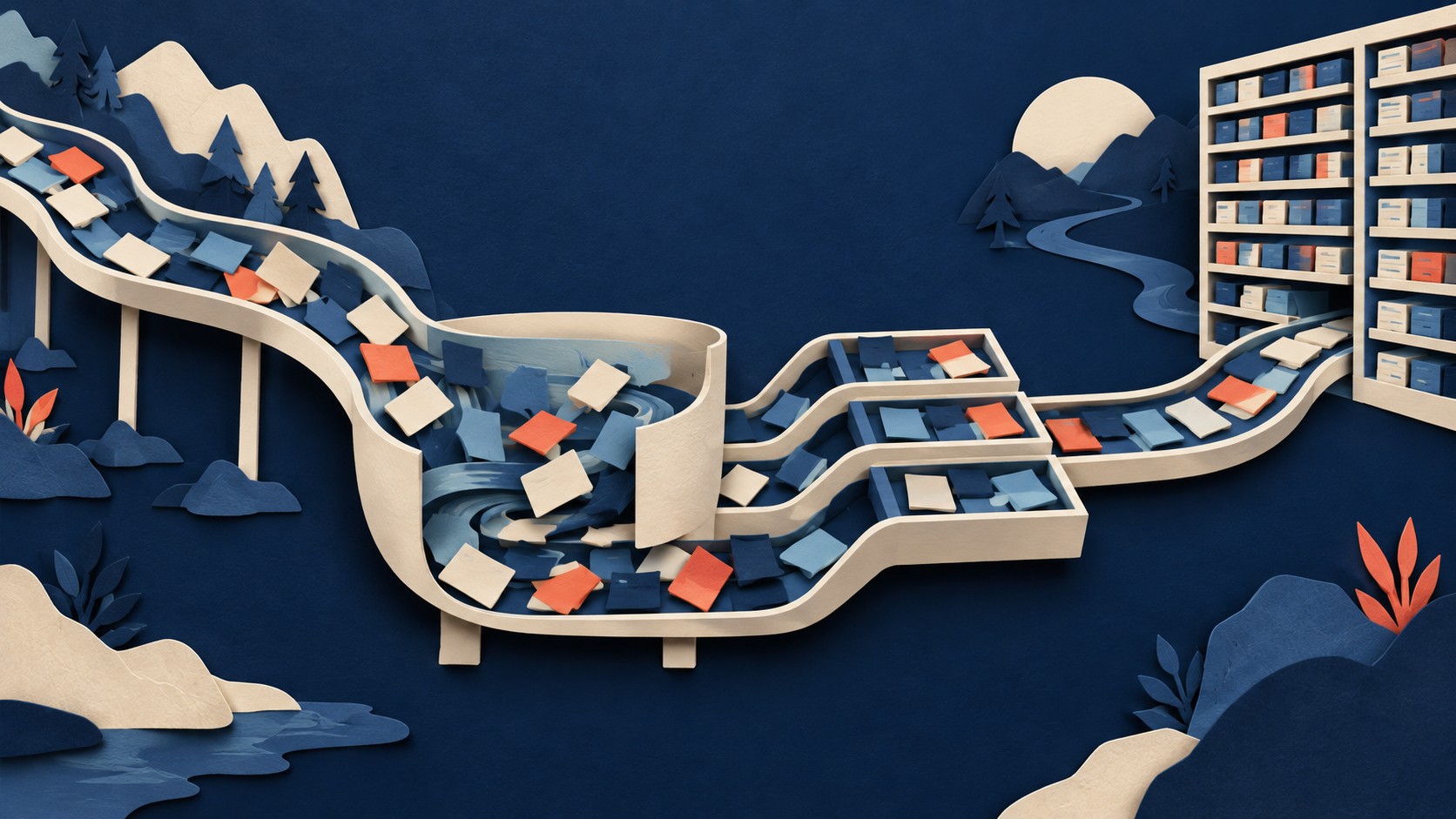 Colored cards flow through a limited mixing basin before splitting into smaller streams from a larger archive.