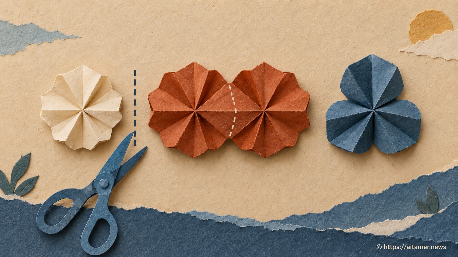 Paper scissors poised between folded rosettes, with joined rust rosettes kept intact.